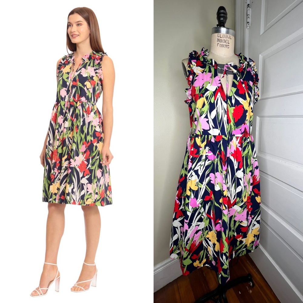 Maggy London Kayla Floral Trapeze Dress navy pink 4 Small Cotton EUC